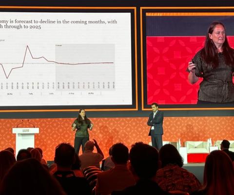 PwC's Eleanor Scott and Rick Jones took delegates through the new data