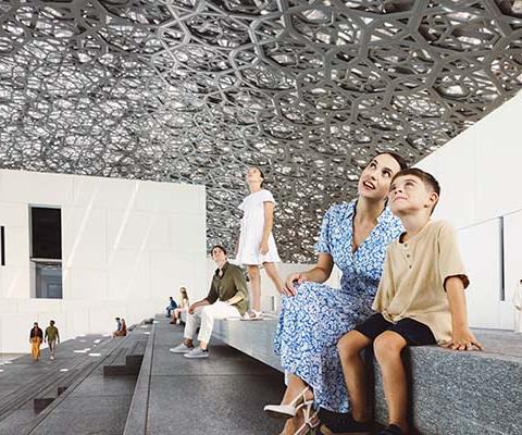 Visitors can admire the Dome of Light that tops the Louvre Abu Dhabi