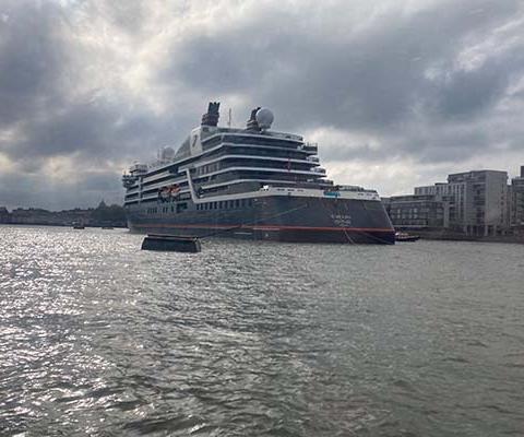 Seabourn Venture on the Thames during its maiden call to Greenwich on 12 May 