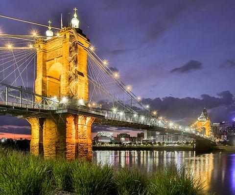 The Roebling Suspension Bridge spans the Ohio River 