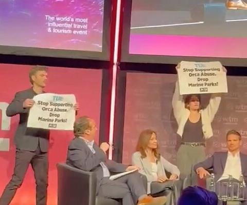 Video: Watch as Tui chief faces orca protest at WTM London