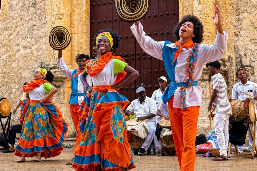 People dancing in the streets of Colombia in traditional dress