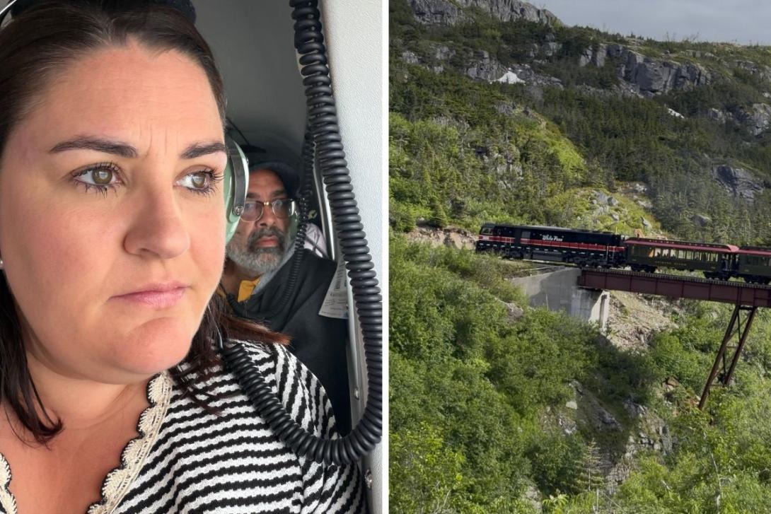 Woman looking out window of seaplane and picture of railway train
