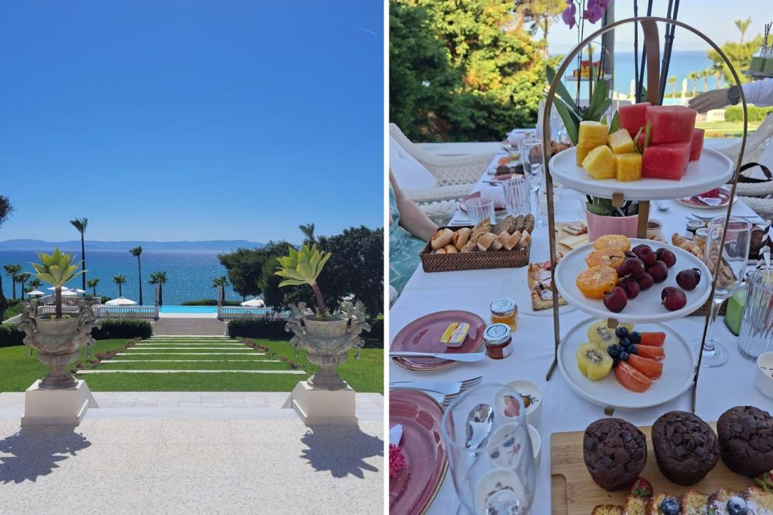 Picture of steps leading down to sea, and picture of luxury breakfast of fruits and muffins