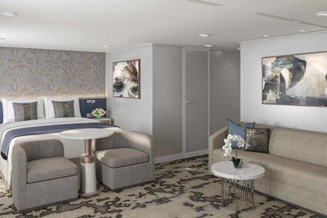 Luxury cruise cabin in cool grey tones