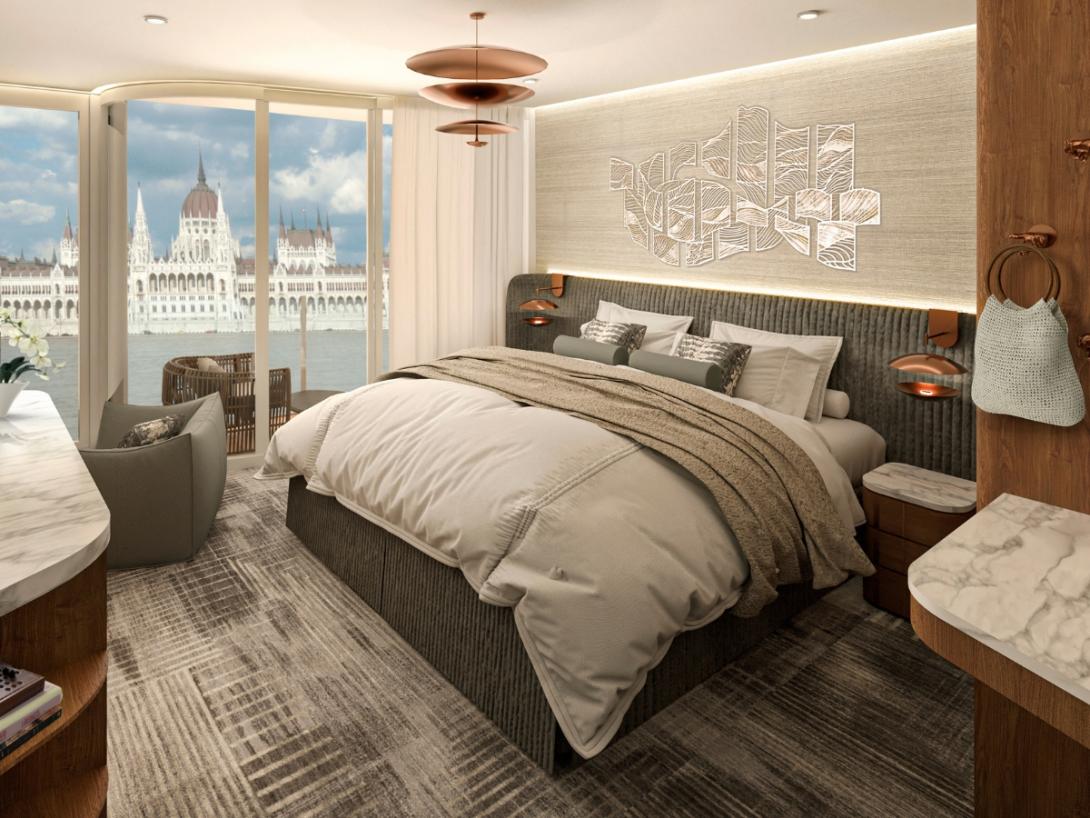 A rendering of a balcony exterior stateroom on Celebrity Compass A balcony exterior stateroom on Celebrity Compass