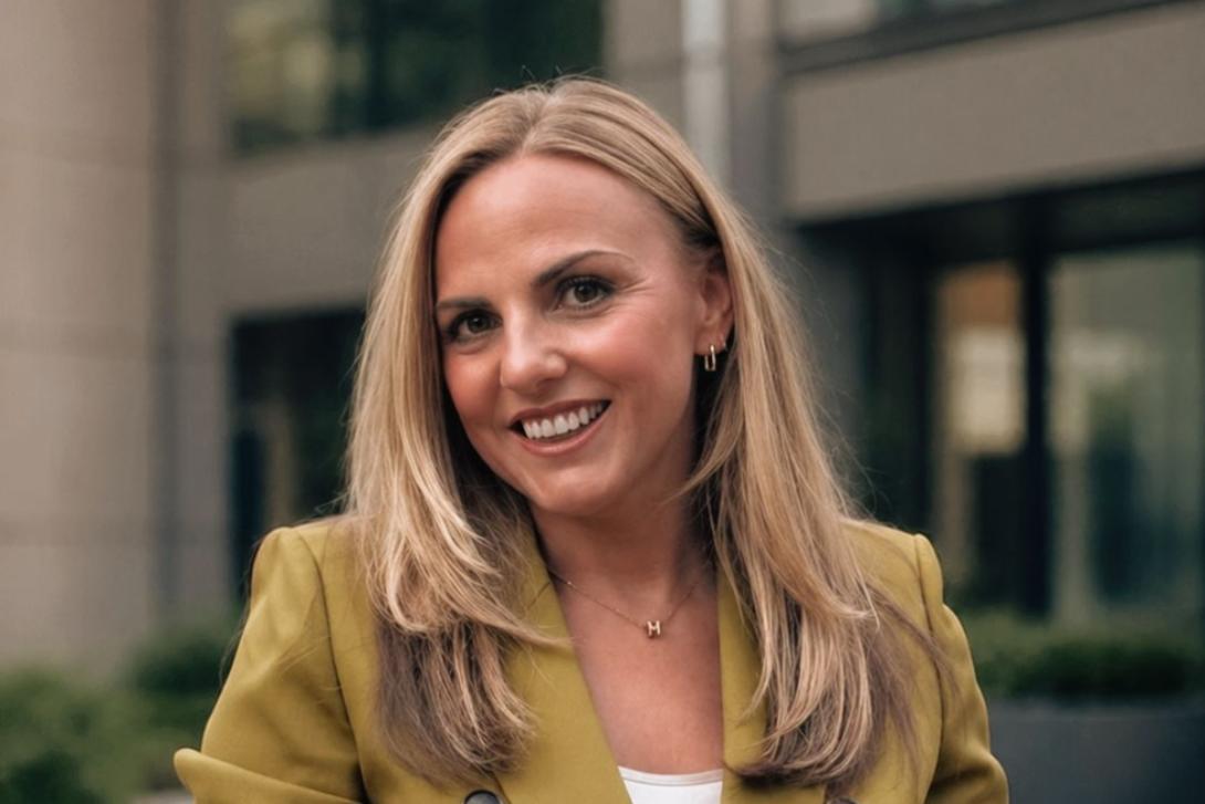 Blonde woman smiling and wearing suit