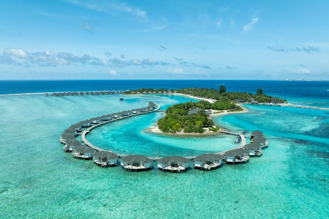 Aerial view of Maldives villas