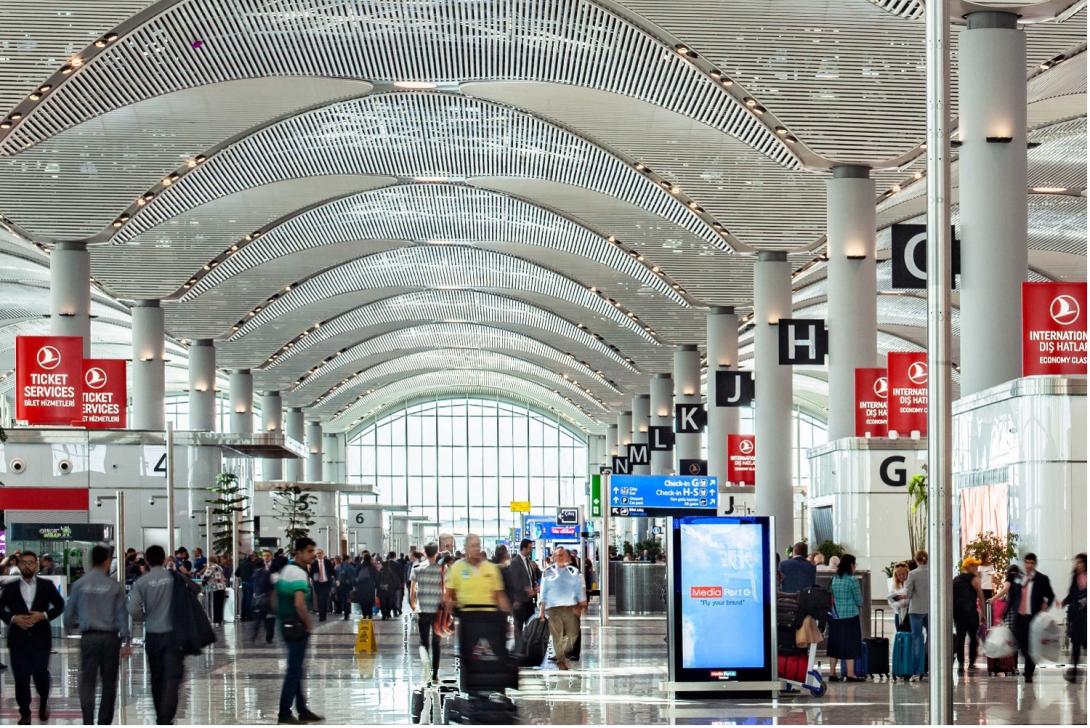 Turkish Airlines branding at a busy airport