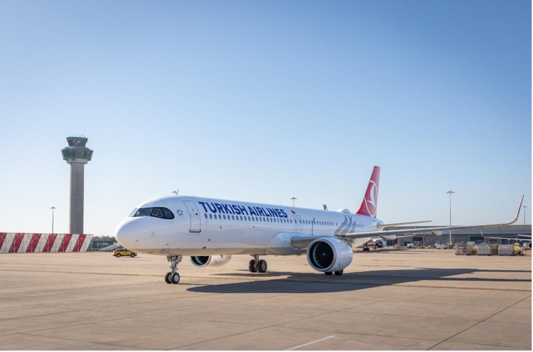 A plane on the runway featuring the Turkish Airlines branding