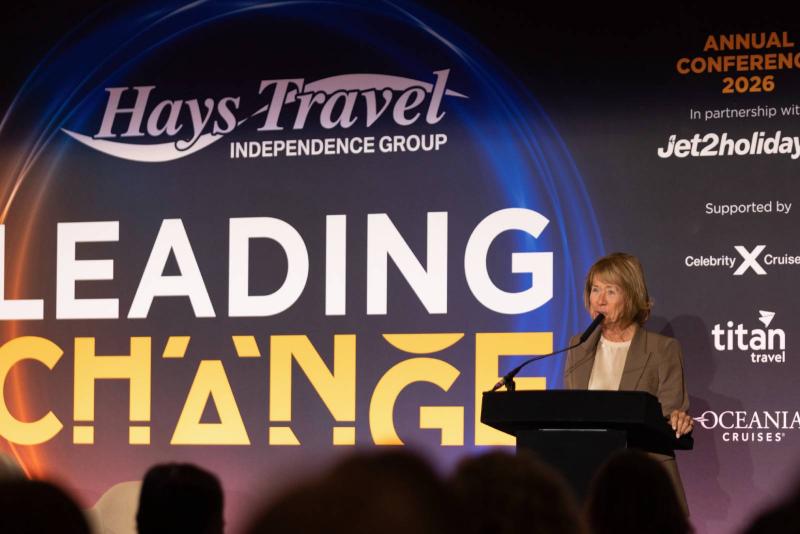 Dame Irene Hays speaking at the 2026 Hays Travel conference in Chester