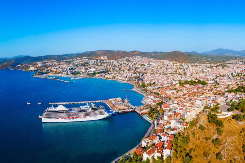 Kusadasi city aerial panoramic view in Aydin Province, Turkey