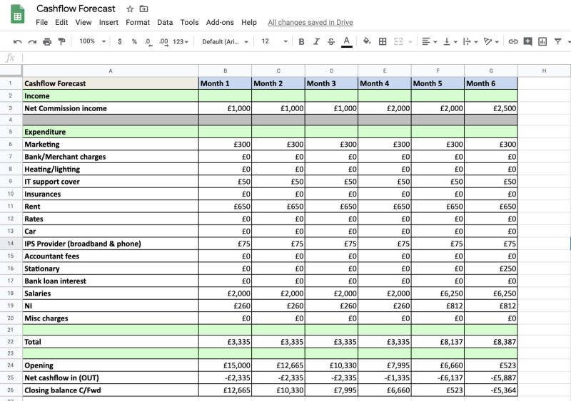 You can use Microsoft Excel or Google Sheets to create your cash flow forecast document
