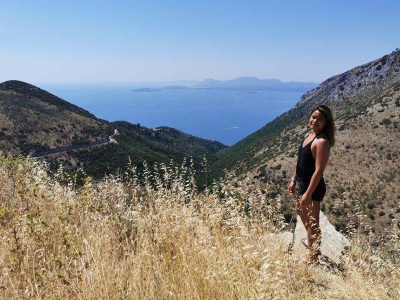 Mary Ann enjoys the views from Mount Pantokrator