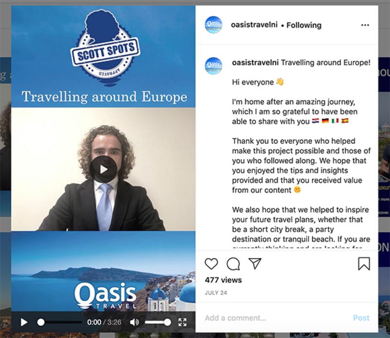 Oasis Travel's Scott McCabe recorded numerous videos for Instagram while travelling around Europe