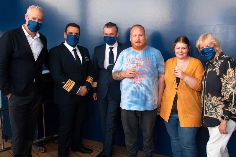 Celebrity's Jo Rzymowska and ship crew welcome some of the 100 NHS workers onboard Silhouette