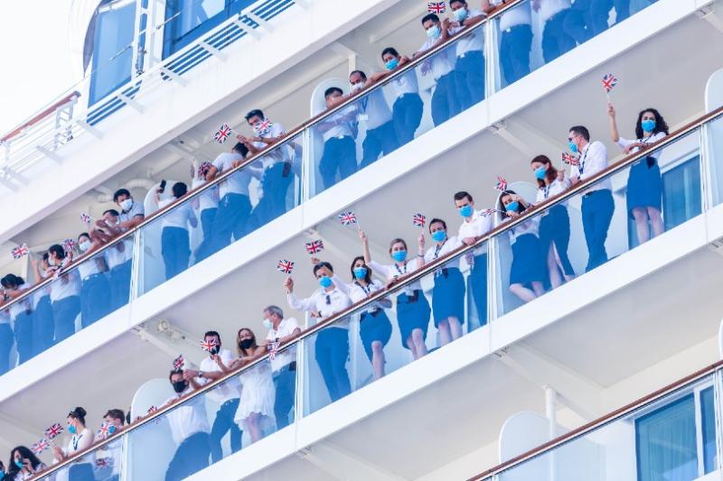 The ship's crew were on hand to mark the moment the jeroboam crashed into the ship's hull (Credit: Saga Cruises)