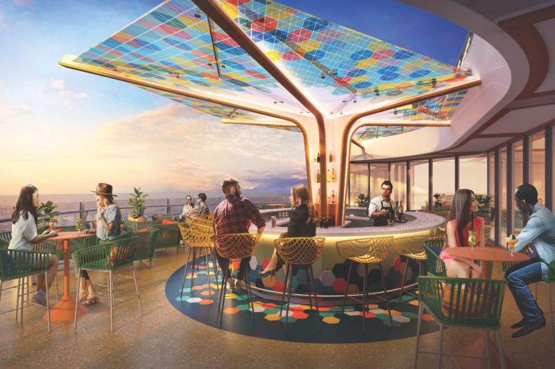 A rendering of The Vue - a cantilevered bar with panoramic ocean views 