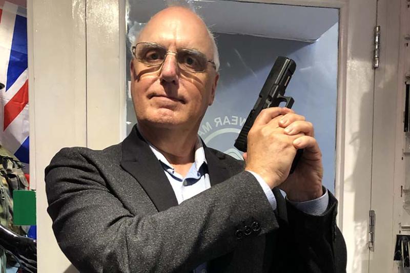 Peter Ellegard does his best Bond impression at AGL Airsoft, Camden
