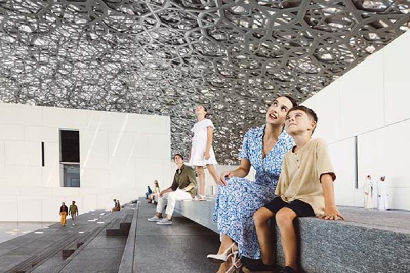 Visitors can admire the Dome of Light that tops the Louvre Abu Dhabi