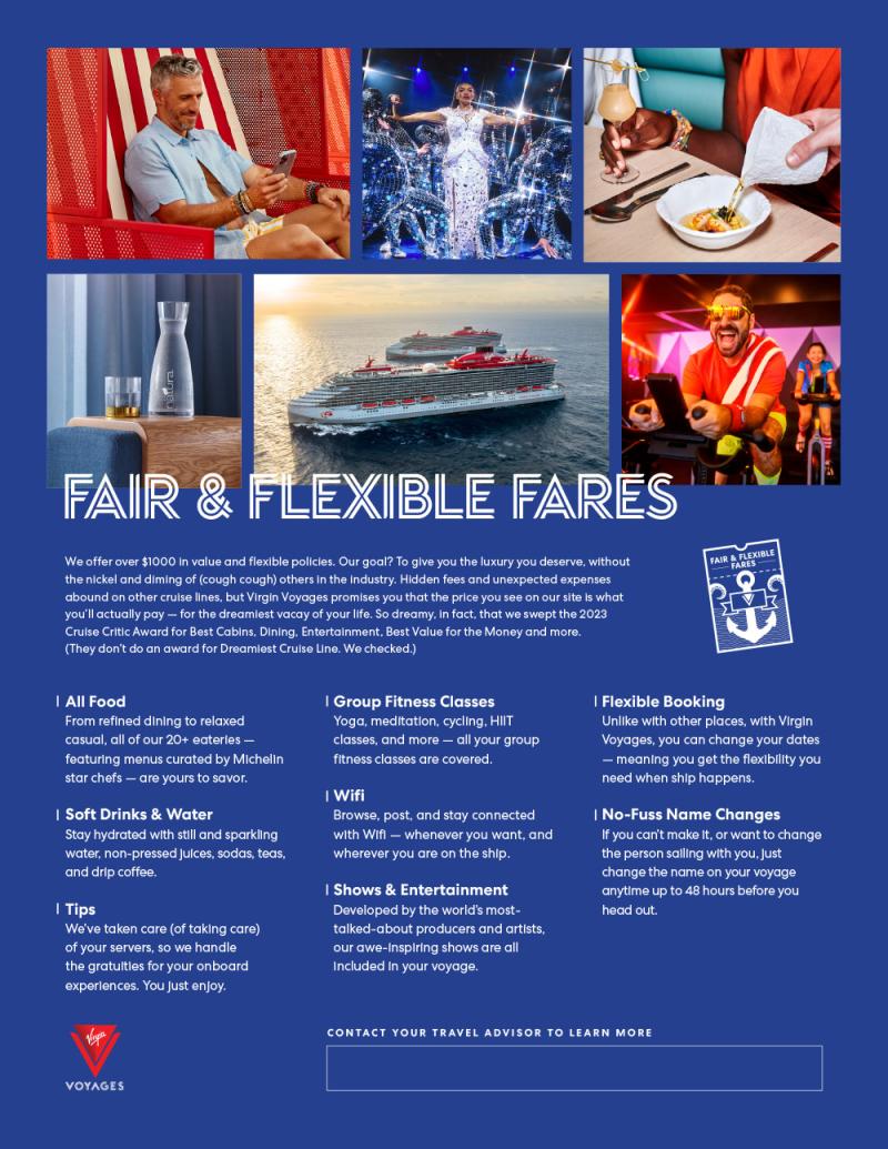 Virgin Voyages Fair and Flexible One Sheet Flyer