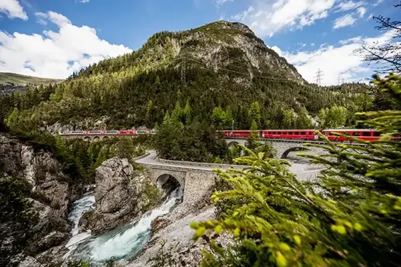 Trafalgar offers a ‘Swisstainable’ itinerary with rail travel. Credit: Rhatische Bahn and Andrea Badrutt 