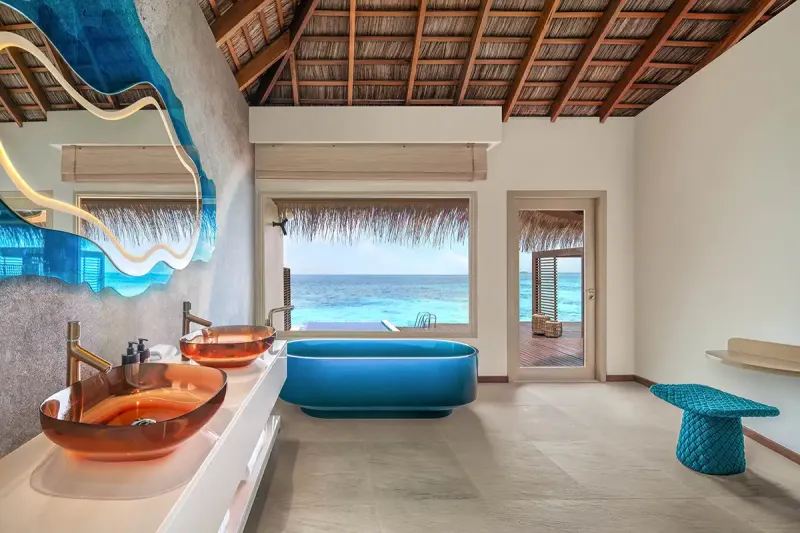 Premier Overwater villas boast a bathroom with a view at W Maldives