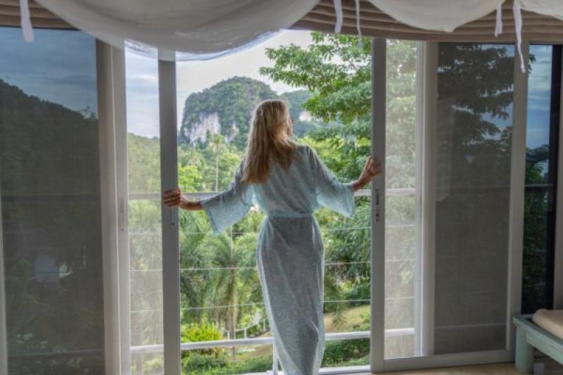 Woman at hotel window
