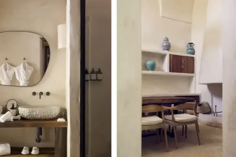 Bathrooms include handmade washbasins and meals are served in the private dining room
