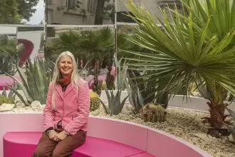 Designer Nina Tolstrup in the Infinity Garden pavilion, which invites visitors to sit down among cacti and palms. Credit: Ed Reeve 