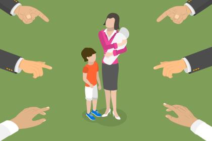 Woman holding baby and child surrounded by men pointing fingers